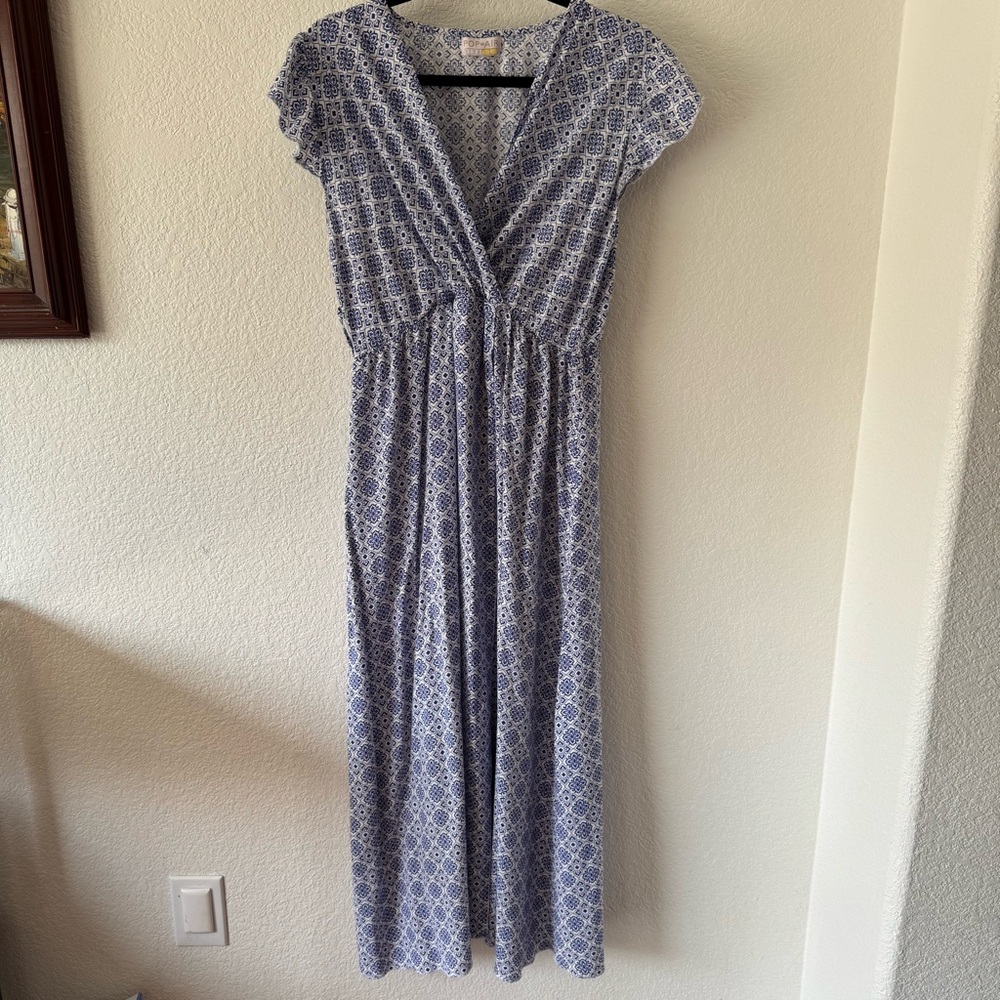 Women’s Size Large Blue and White Maxi Classic Preppy Vacation Greek Dress